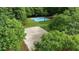 Overhead shot of sports area featuring basketball and sand volleyball surrounded by mature trees at 1045 River Pt, Suwanee, GA 30024