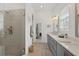 Bright bathroom featuring a glass enclosed shower and double vanity with gray cabinets at 6711 Cadence Blvd, Atlanta, GA 30328