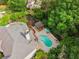 Aerial view showing the layout of the backyard, including a pool and lounge area at 110 Keswick Way, Alpharetta, GA 30022