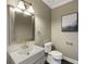 This half bath features a modern vanity, decorative mirror, and wall art at 2912 Dunhill Trl, Woodstock, GA 30189