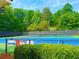 Brightly painted tennis court surrounded by lush greenery and a high black fence for privacy at 7550 Star Magnolia, Lithonia, GA 30058