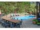 Captivating pool area perfect for outdoor gatherings, with ample seating, a dining table, and ambient string lights at 3606 Packhorse Run, Marietta, GA 30066