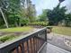 Backyard view from the deck, with landscaped shrubs and a tranquil, tree-lined perimeter at 765 Corundum Ct, Stone Mountain, GA 30083