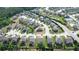 Overhead view of a residential area featuring various houses, lawns, and a community pond and pool at 4071 Woodward Walk Ln, Suwanee, GA 30024