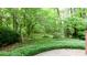 A green backyard with a concrete patio that is lined with greenery and trees at 1855 Vintage Dr, Snellville, GA 30078