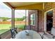 Screened porch with outdoor table and chairs, brick columns, and view of the yard at 609 Turnbill Dr, Mcdonough, GA 30252