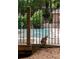 A cat sits outside the community pool area that is surrounded by mature trees at 448 Teal Ct, Roswell, GA 30076