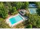 Aerial view of a community pool with lounge chairs and nearby tennis courts surrounded by lush trees at 448 Teal Ct, Roswell, GA 30076