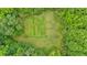 Aerial view reveals a beautifully landscaped garden surrounded by lush greenery, offering tranquility and natural beauty at 144 Wiley Dr, Douglasville, GA 30134