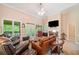 Cozy living room with plush furniture, a ceiling fan, large windows, and a view of the back yard at 132 Copper Hills Dr, Canton, GA 30114
