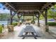 Outdoor picnic area with covered pavilion, stone supports, and picnic tables near the tennis courts at 308 Evening Rain Crst, Canton, GA 30114