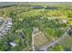 Aerial view of a wooded property featuring a charming brick home and in-ground pool at 5360 Franklin Goldmine Rd, Cumming, GA 30028