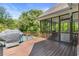 Wooden deck overlooks a backyard with an above ground pool and screened-in porch at 5360 Franklin Goldmine Rd, Cumming, GA 30028