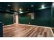 The finished basement has new flooring and teal painted walls and ceilings at 970 Winding Creek Trl, Sandy Springs, GA 30328