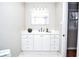 Bright bathroom with a white vanity, drawers, modern mirror, vanity lighting and gray walls at 970 Winding Creek Trl, Sandy Springs, GA 30328