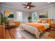 Staged bedroom featuring hardwood floors, neutral walls, two windows and modern furniture at 970 Winding Creek Trl, Sandy Springs, GA 30328