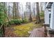 Wood deck steps down to a mossy backyard with stone path and fenced perimeter, blending nature and privacy at 970 Winding Creek Trl, Sandy Springs, GA 30328