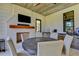 Relaxing screened-in outdoor dining area with a ceiling fan, fire place, and an outdoor kitchen at 2305 Braselton Hwy, Buford, GA 30519