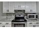 A well-equipped kitchen features white cabinets, granite counters, stainless steel appliances, and stylish backsplash at 425 Charlyne Way, Dacula, GA 30019