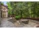 Stone patio with outdoor dining set surrounded by lush greenery; ideal for outdoor entertaining at 44 Muscogee Nw Ave, Atlanta, GA 30305