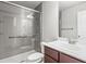 Bathroom featuring a glass-enclosed shower and a vanity with a marble countertop at 12348 Hillcrest Dr, Hampton, GA 30228