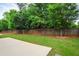 Green backyard with wood fence, green trees and small concrete patio at 4884 Kentwood Dr, Marietta, GA 30068