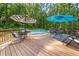 Relaxing backyard deck featuring outdoor furniture, umbrellas, and an above-ground pool nestled in a serene wooded setting at 411 Hollis Cir, Dallas, GA 30157