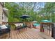 Outdoor deck featuring wicker furniture, a view of the backyard, and above ground pool at 411 Hollis Cir, Dallas, GA 30157