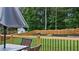 Backyard deck with table, chairs and view of the lush green lawn and mature trees at 6209 Benbrooke Dr, Acworth, GA 30101