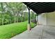 Green backyard with a covered patio and brick wall, offering a great space for outdoor living at 165 Westbrook St, Buford, GA 30518