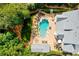 Aerial view of a luxurious backyard with a large pool, slide, hot tub, patio and lush landscaping at 3013 Walker Hill Way, Marietta, GA 30064