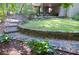 Landscaped backyard with stone steps, retaining wall, small grass area, and mature trees at 3572 Dexter Way, Marietta, GA 30062