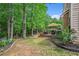 The level backyard has a beautiful deck, mature trees, and landscaping at 6155 Falls Landing Dr, Cumming, GA 30040