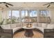 Inviting screened porch with a fire pit, comfortable seating, and scenic views at 11190 Serenbe Ln, Chattahoochee Hills, GA 30268
