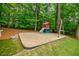 Backyard with playground featuring a swing set, slide, and sandbox surrounded by greenery at 3389 Robinson Farms Ne Trce, Marietta, GA 30068