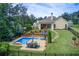 Aerial view of the backyard featuring a swimming pool, patio, and well-maintained lawn at 608 Red Leaf Way, Canton, GA 30114