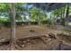 Large backyard featuring mature trees, a fire pit, and a fenced perimeter at 1939 Dunlap Ave, Atlanta, GA 30344