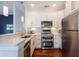 Modern kitchen boasts stainless steel appliances, granite countertops, and white cabinetry at 4252 River Green Dr # 501, Atlanta, GA 30327