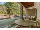 Outdoor patio with brick columns, dining table, seating, and a fenced backyard, perfect for entertaining at 1070 Harper Dr, Alpharetta, GA 30076