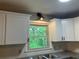 Kitchen features stainless steel sink with bright white shaker cabinets and views from a large window at 215 N Etowah Ct, Canton, GA 30114