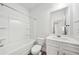 Bright bathroom featuring a tub and shower combination, white vanity, and modern fixtures at 7455 Easton Valley Ln, Cumming, GA 30028