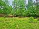 Lush backyard area featuring mature trees, green grass, and a rustic picnic table for outdoor enjoyment at 125 Murphy Creek Ln, Fayetteville, GA 30215
