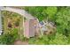 Aerial of the home showing a landscaped yard with patios, gardens, mature trees and circular driveway at 1434 Churchill Way, Marietta, GA 30062