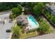 Aerial view of community pool, landscaped grounds, parking, and community entrance at 2122 Pembroke Dr, Brookhaven, GA 30319