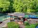 Community pickleball courts with shaded seating areas and lush greenery at 2002 Fairbrook Ln, Woodstock, GA 30189