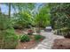 Backyard with a stone patio, hot tub, mature trees and lush landscaping at 3106 Soldier Trl, Marietta, GA 30068