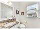 Well-lit half bathroom featuring a granite countertop, modern sink, and a decorative mirror at 3106 Soldier Trl, Marietta, GA 30068