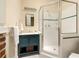 Charming bathroom featuring a shower with glass doors and a vanity with a blue cabinet at 492 Clifton Ne Rd, Atlanta, GA 30307