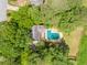 Aerial view of a home with a pool surrounded by a canopy of trees at 51 Queen Anne Se Dr, Mableton, GA 30126