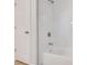 Close up of the bathroom featuring a shower over tub with white subway tiles at 4788 Rock Island Nw Ln, Acworth, GA 30102